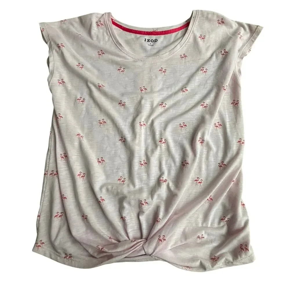 Ladies IZOD size L PINK flamingos short sleeve casual tee shirt top knot front